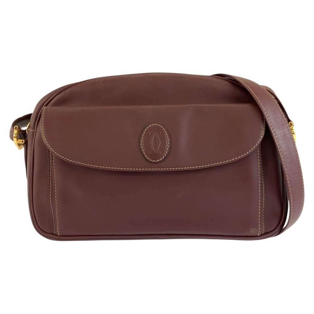 CARTIER Cartier Must Line Wine Red Gold Hardware Leather Shoulder Bag Pouch f...